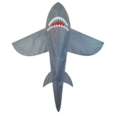 Alt text: "5' 3D Grey Shark Kite soaring in a blue sky, showcasing its 3D design, vibrant colors, and realistic shark features.