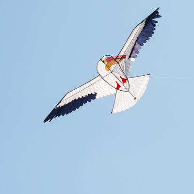 Alt Text: "70" Pelican Kite in flight, showcasing realistic bird design against a bright blue sky, perfect for beach or outdoor fun.