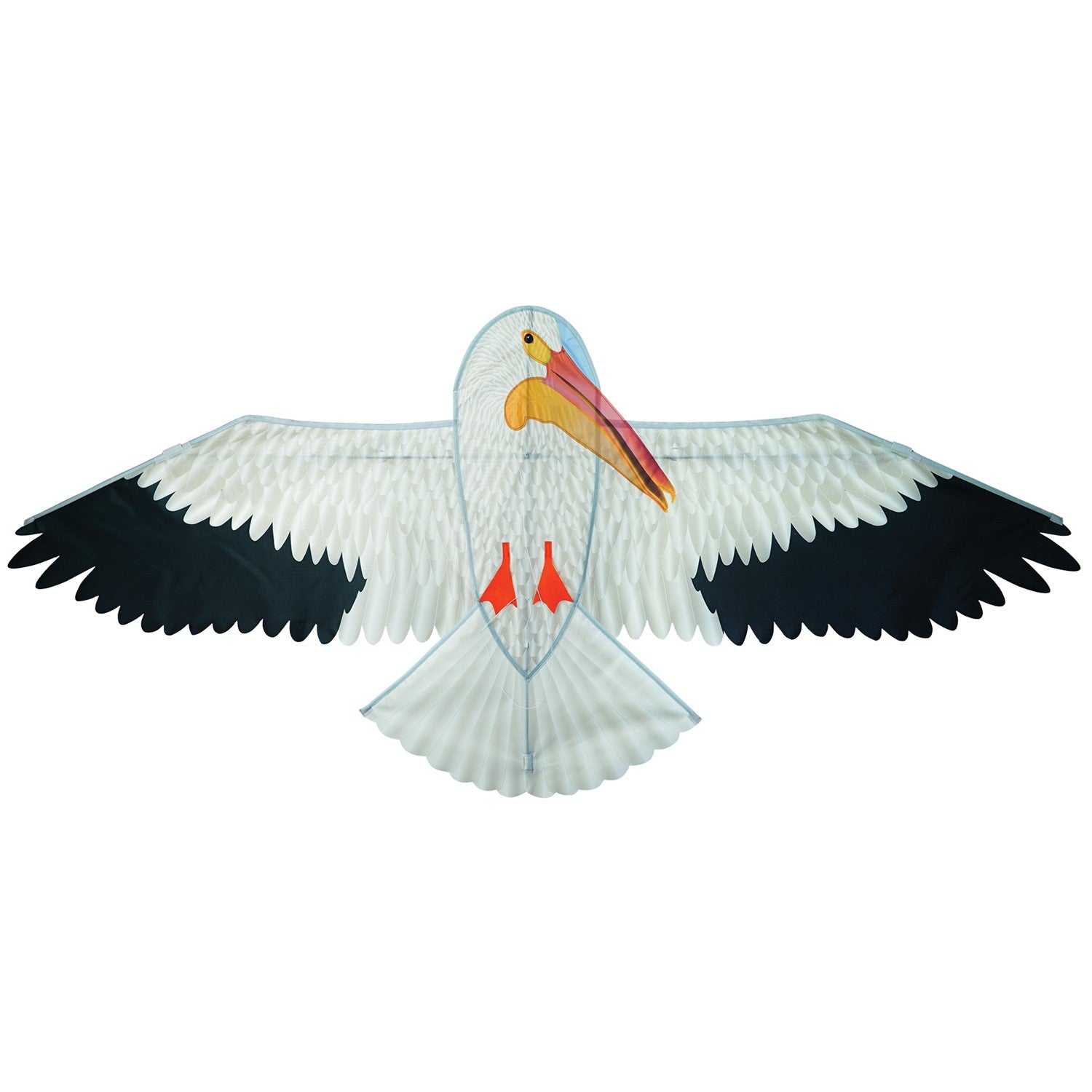 Alt Text: "70" Pelican Kite in flight, showcasing realistic bird design against a bright blue sky, perfect for beach or outdoor fun.