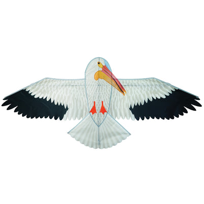 Alt Text: "70" Pelican Kite in flight, showcasing realistic bird design against a bright blue sky, perfect for beach or outdoor fun.