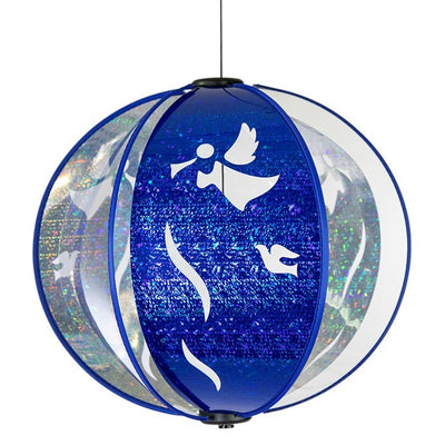 Alt Text: Blue Peace Angel Spinning Globe with six poly panels, featuring serene angel design, displayed outdoors, sparkling in sunlight.