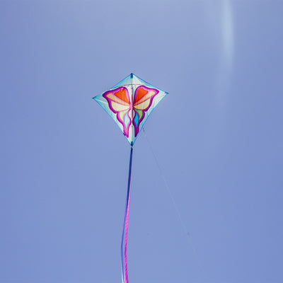 Alt text: Butterfly 30" Diamond Kite with vibrant butterfly prints and three color-coordinated tails being flown in a park setting.