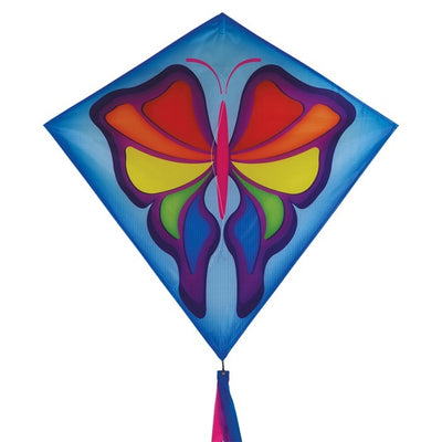 Alt text: Butterfly 30" Diamond Kite with vibrant butterfly prints and three color-coordinated tails being flown in a park setting.