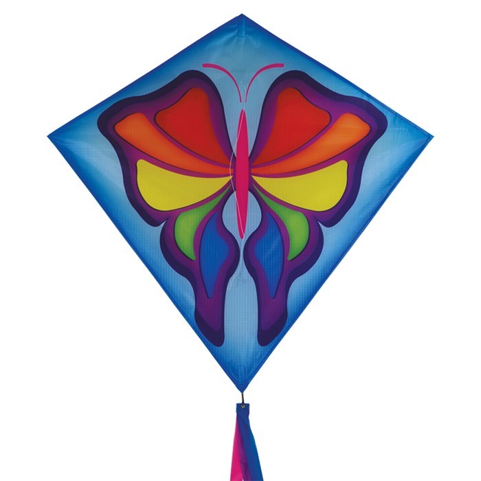 Alt text: Butterfly 30" Diamond Kite with vibrant butterfly prints and three color-coordinated tails being flown in a park setting.