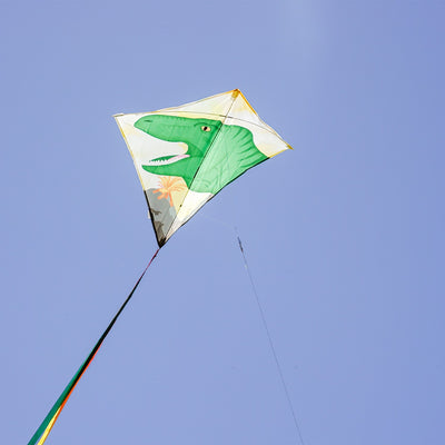 Alt Text: "Dinosaur 30-inch diamond kite with vibrant design and tails, flying in a clear blue sky on a sunny day, ready for outdoor fun.