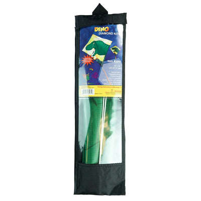 Alt Text: "Dinosaur 30-inch diamond kite with vibrant design and tails, flying in a clear blue sky on a sunny day, ready for outdoor fun.
