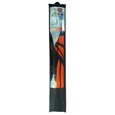 Alt text: "Monarch Swarm 45-inch Fly-Hi Kite soaring through a clear blue sky with colorful butterfly design and streamer tails.