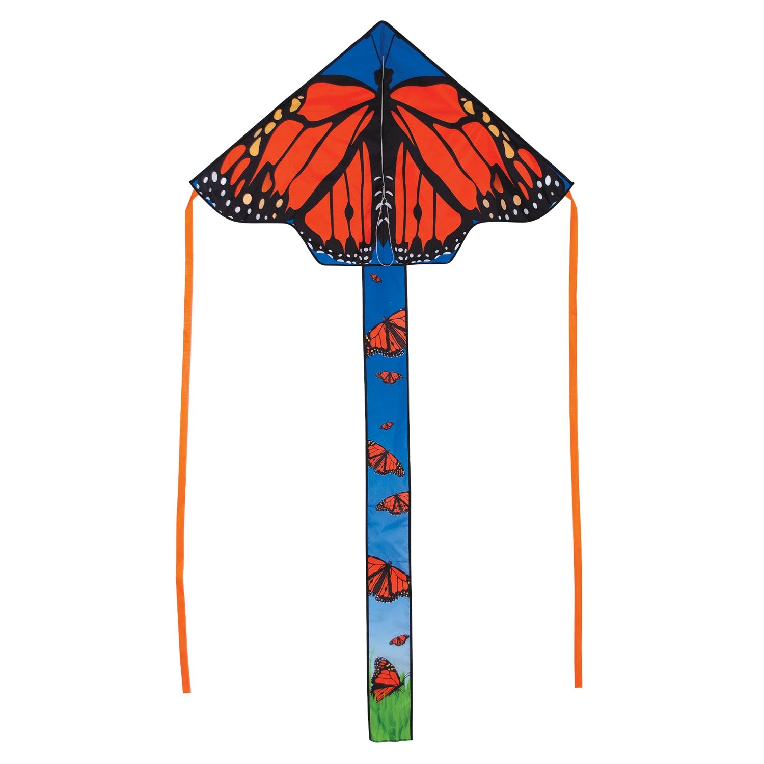 Alt text: "Monarch Swarm 45-inch Fly-Hi Kite soaring through a clear blue sky with colorful butterfly design and streamer tails.