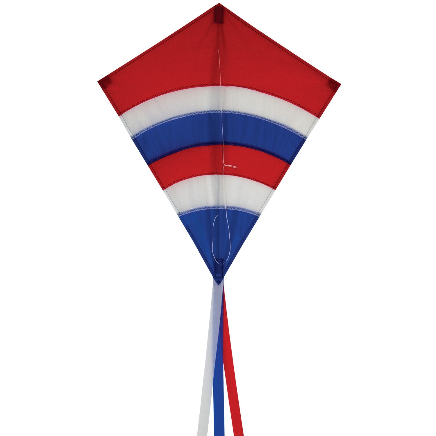 Alt Text: Patriotic Arch 27" Diamond Kite with vibrant colors and long tails flying against a blue sky during an outdoor family activity.