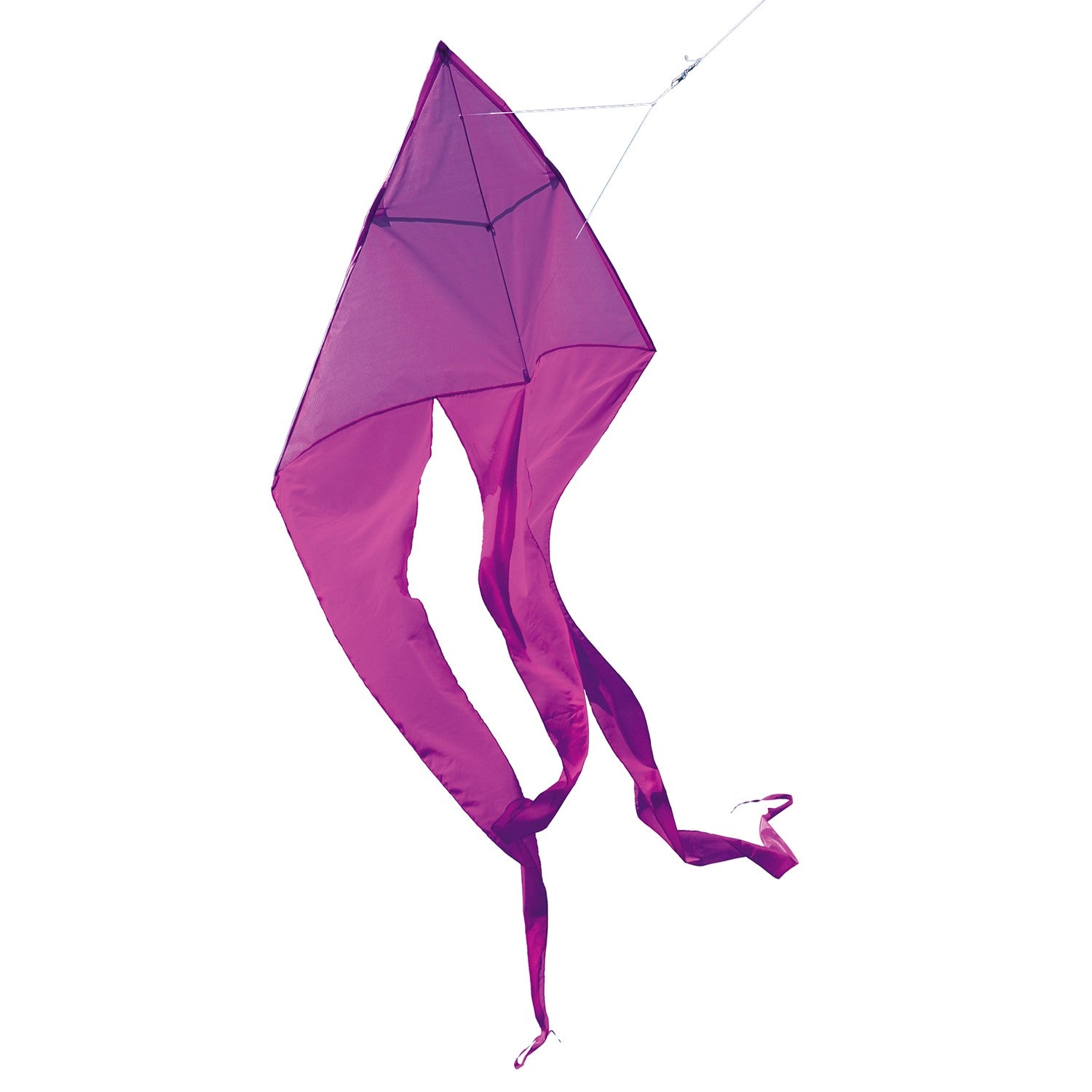 Alt Text: Purple 52" Wave Delta Kite soaring high in the sky, showcasing flowing tails and a vibrant color against a clear background.