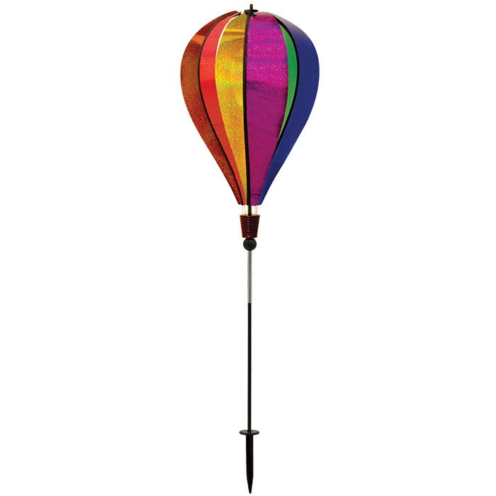 **Alt Text** Rainbow Glitter 6-Panel Hot Air Balloon Ground Spinner displaying vibrant colors while spinning gracefully in a sunny garden setting.