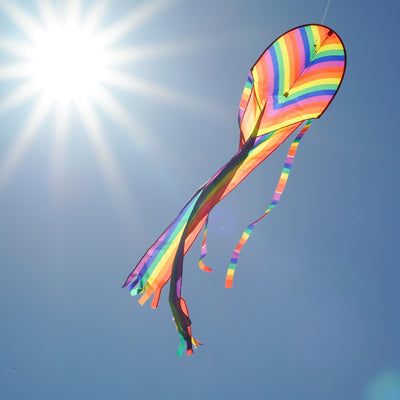 Alt text: "22-inch Rainbow Stripe Dancing Dragon Kite, featuring colorful tails and ripstop fabric, soaring in a sunny sky.