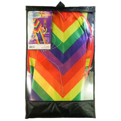 Alt text: "22-inch Rainbow Stripe Dancing Dragon Kite, featuring colorful tails and ripstop fabric, soaring in a sunny sky.