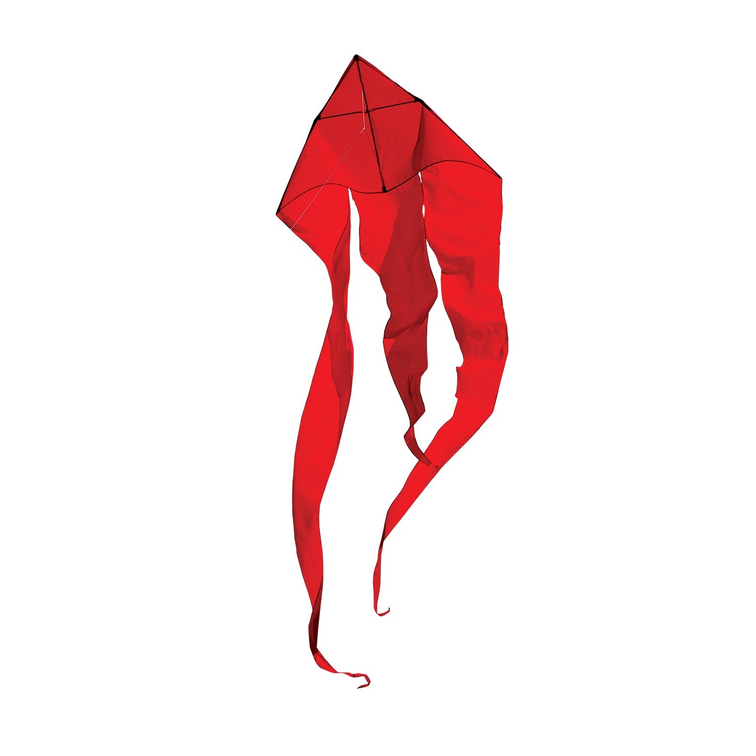 Alt Text: "Red 52-inch Wave Delta Kite soaring in a bright blue sky with long flowing tails, showcasing an elegant design perfect for outdoor fun.