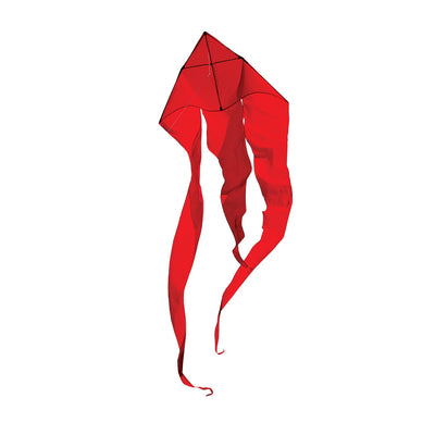Alt Text: "Red 52-inch Wave Delta Kite soaring in a bright blue sky with long flowing tails, showcasing an elegant design perfect for outdoor fun.