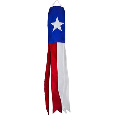 **Alt Text:** "Texas 18-inch windsock displaying the Texas flag and star, fluttering in the breeze with vibrant color-coordinated tails.