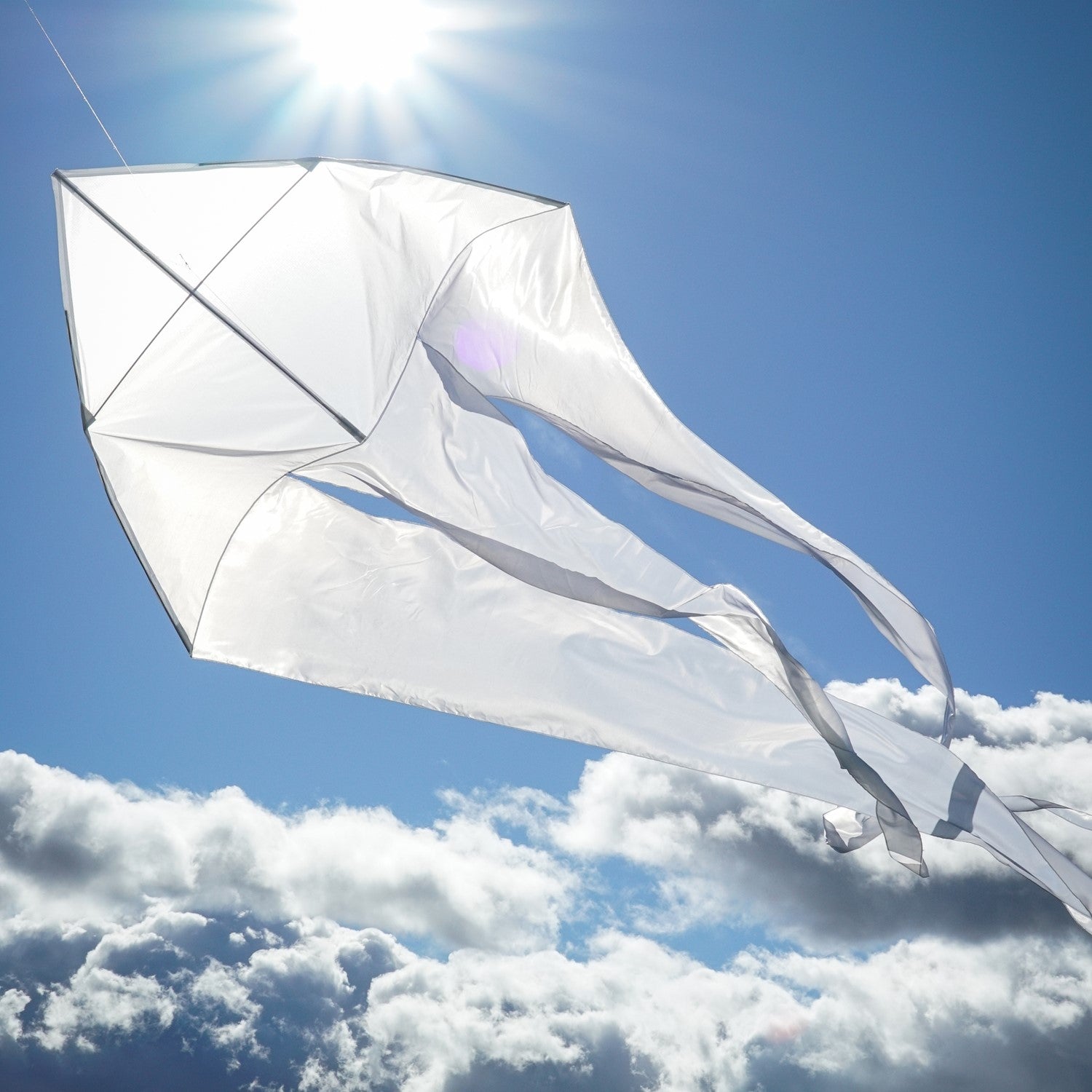 Alt Text: "White 77" Wave Delta Kite soaring in the sky with flowing tails, designed for family fun and outdoor adventures.