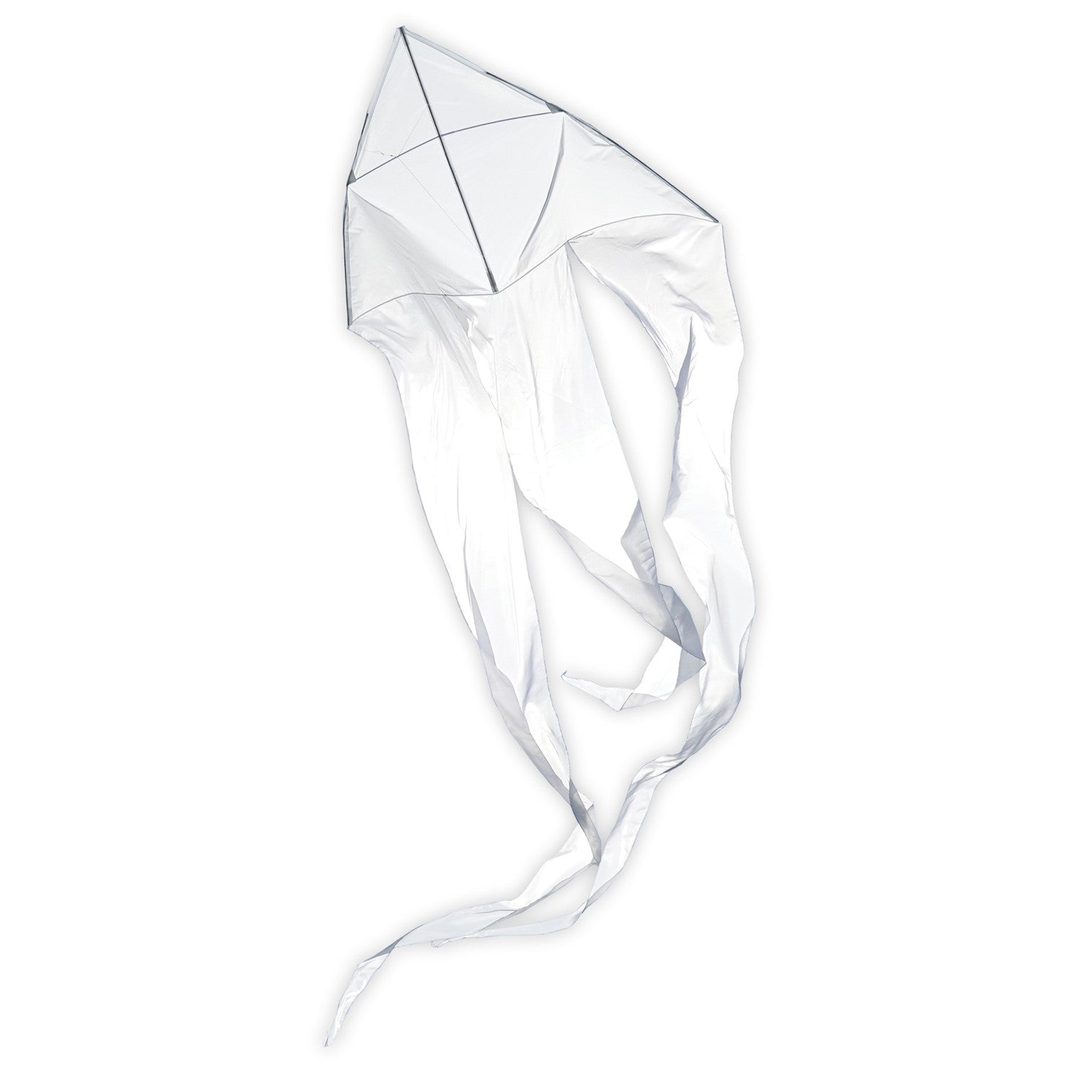 Alt Text: "White 77" Wave Delta Kite soaring in the sky with flowing tails, designed for family fun and outdoor adventures.