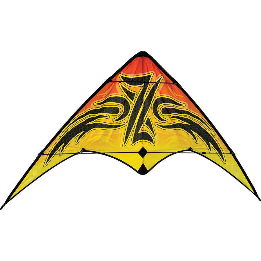 Alt Text: Zoomer 2.0 Sport Kite in Hot Sizzle soaring against a clear blue sky, showcasing its vibrant colors and impressive maneuverability.