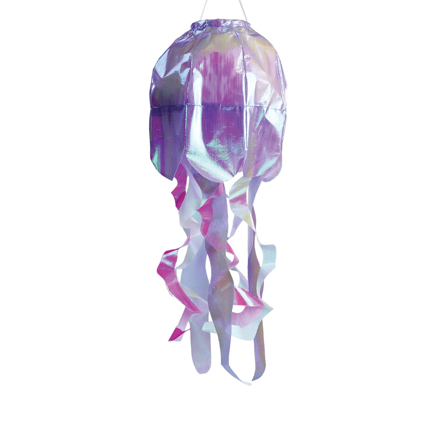 Alt text: Beautiful 15-inch Purple Iridescent Jellyfish 3D Windsock hanging outdoors, showcasing its shimmering design and flowing tentacles in the wind.
