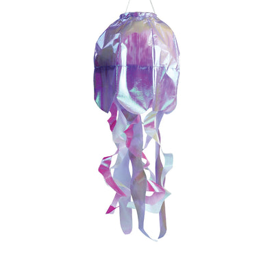 Alt text: Beautiful 15-inch Purple Iridescent Jellyfish 3D Windsock hanging outdoors, showcasing its shimmering design and flowing tentacles in the wind.