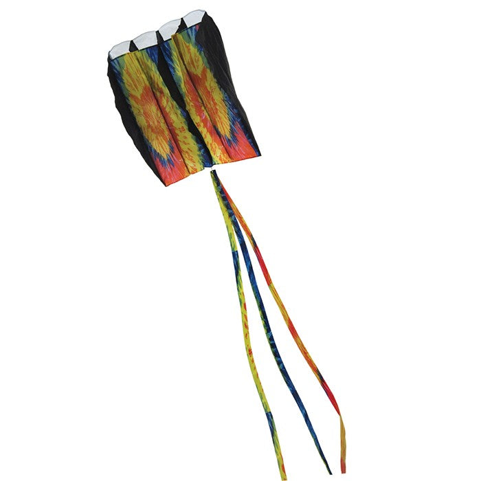 Alt Text: 7.5 Tie Dye Black Air Foil Kite flying against a clear blue sky, showcasing its vivid tie dye pattern and colorful tails in motion.