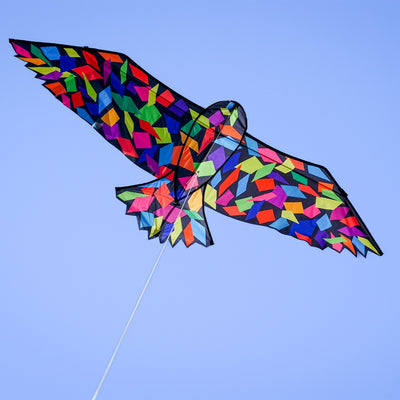 Alt text: "Colorful 70-inch Confetti Bird Kite soaring in a clear blue sky, showcasing its vibrant abstract design and equipped with a sturdy kite string.