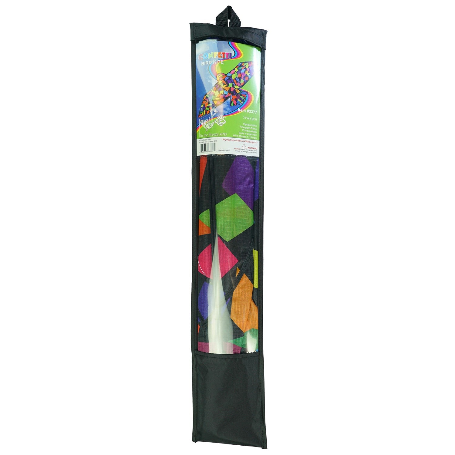 Alt text: "Colorful 70-inch Confetti Bird Kite soaring in a clear blue sky, showcasing its vibrant abstract design and equipped with a sturdy kite string.