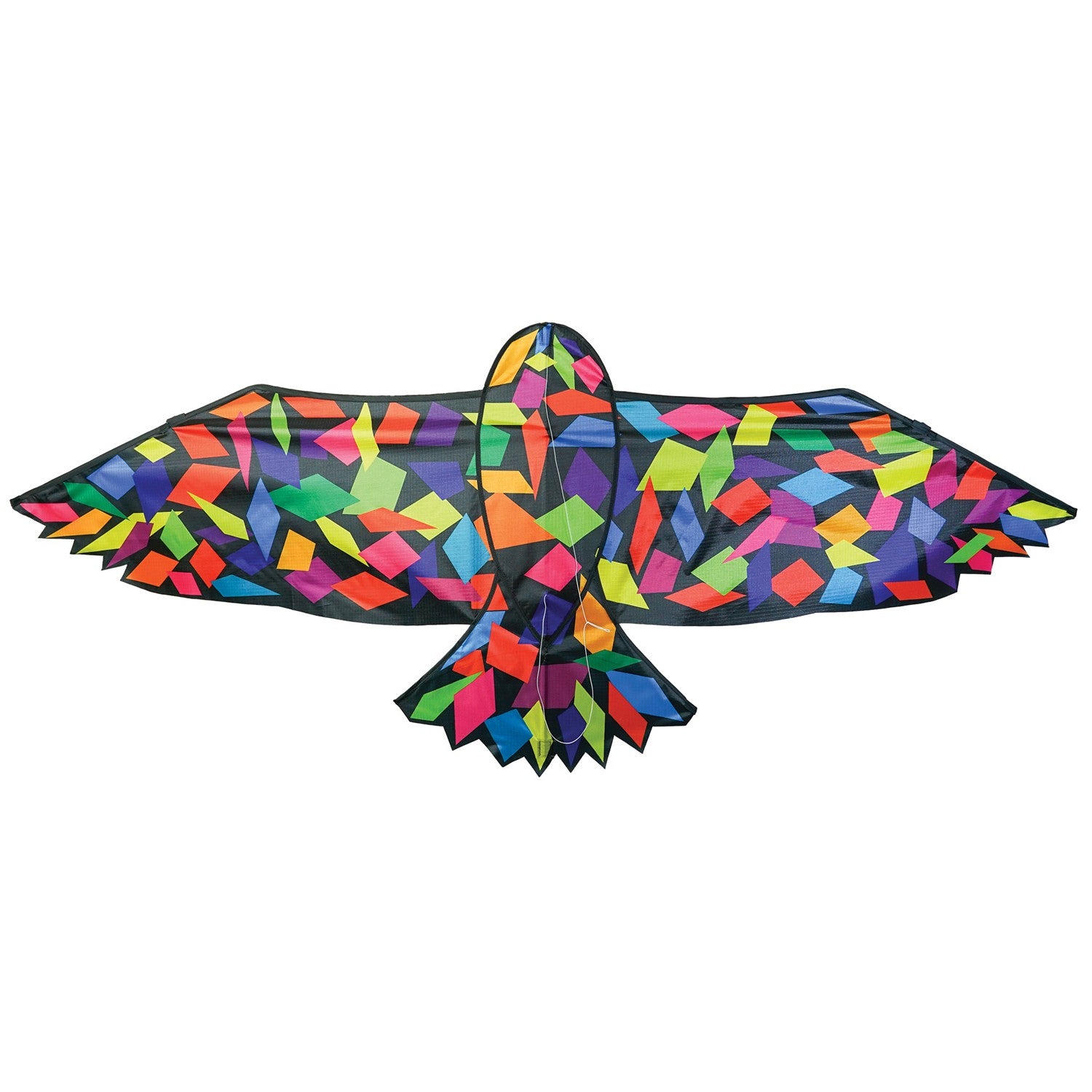 Alt text: "Colorful 70-inch Confetti Bird Kite soaring in a clear blue sky, showcasing its vibrant abstract design and equipped with a sturdy kite string.
