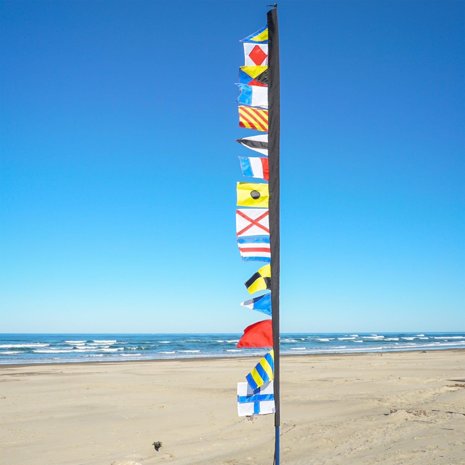 Alt Text: 8-foot Signal Flag Pennant Banner showcasing vibrant colored flags fluttering on a pole, ideal for events and businesses.