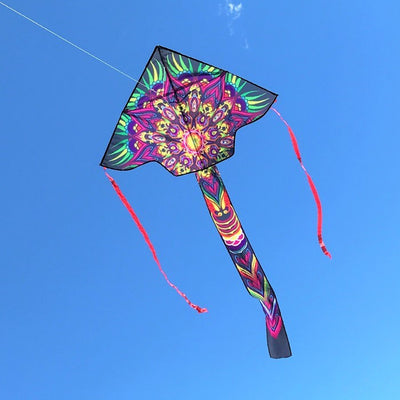 Alt text: Mandala 45" Fly-Hi Kite soaring in clear blue skies with vibrant colors and streamer tails, perfect for family outdoor fun.