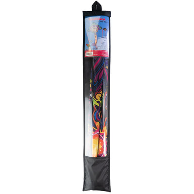 Alt text: Mandala 45" Fly-Hi Kite soaring in clear blue skies with vibrant colors and streamer tails, perfect for family outdoor fun.