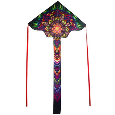Alt text: Mandala 45" Fly-Hi Kite soaring in clear blue skies with vibrant colors and streamer tails, perfect for family outdoor fun.