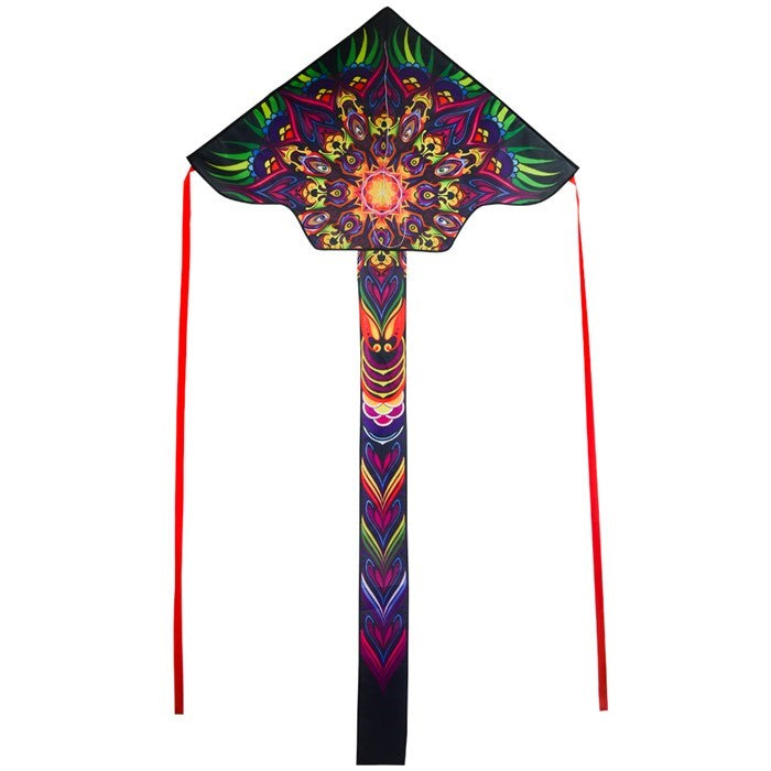 Alt text: Mandala 45" Fly-Hi Kite soaring in clear blue skies with vibrant colors and streamer tails, perfect for family outdoor fun.