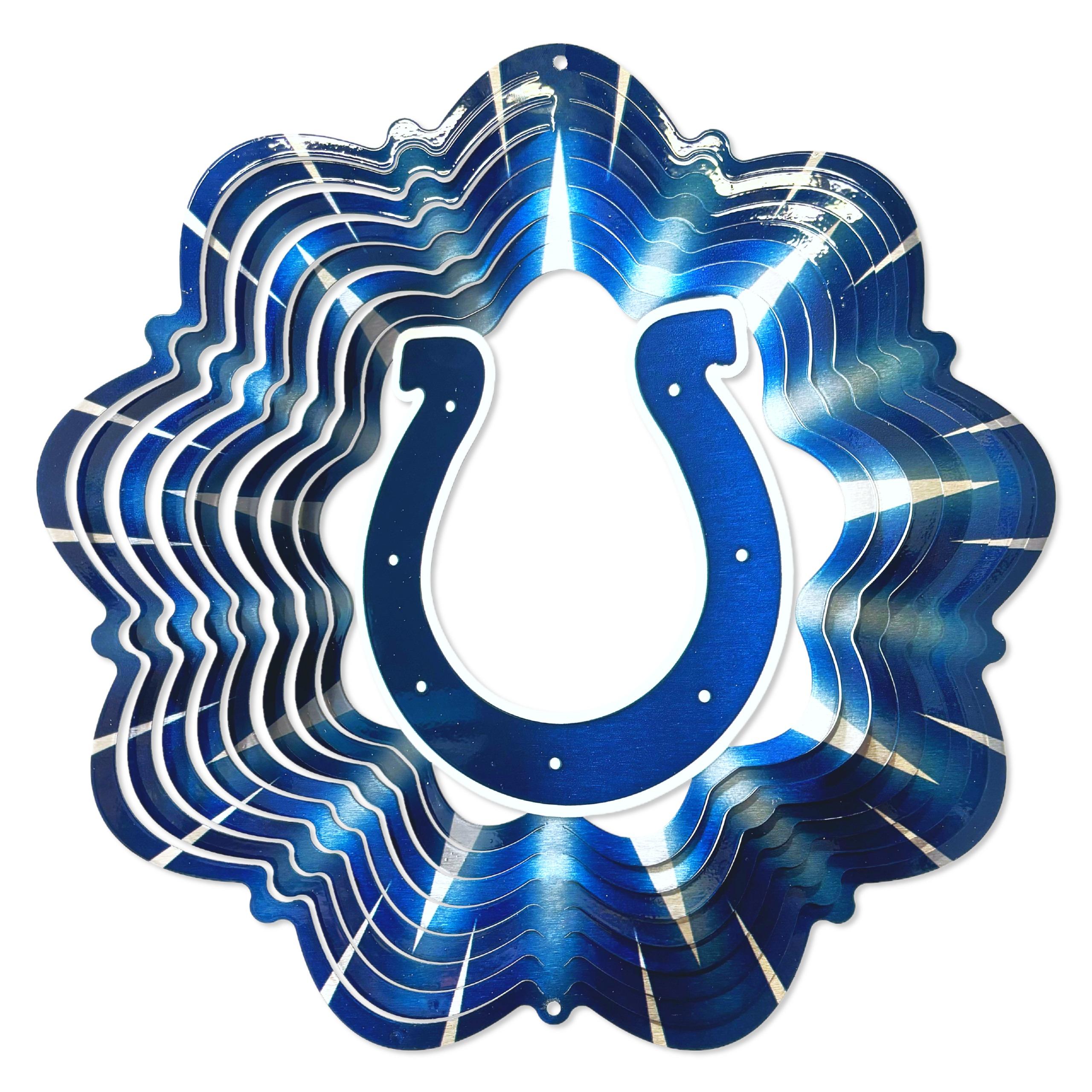 Indianapolis Colts 12-inch wind spinner with vibrant team colors and logo displayed outdoors, adding motion and team spirit to the garden.