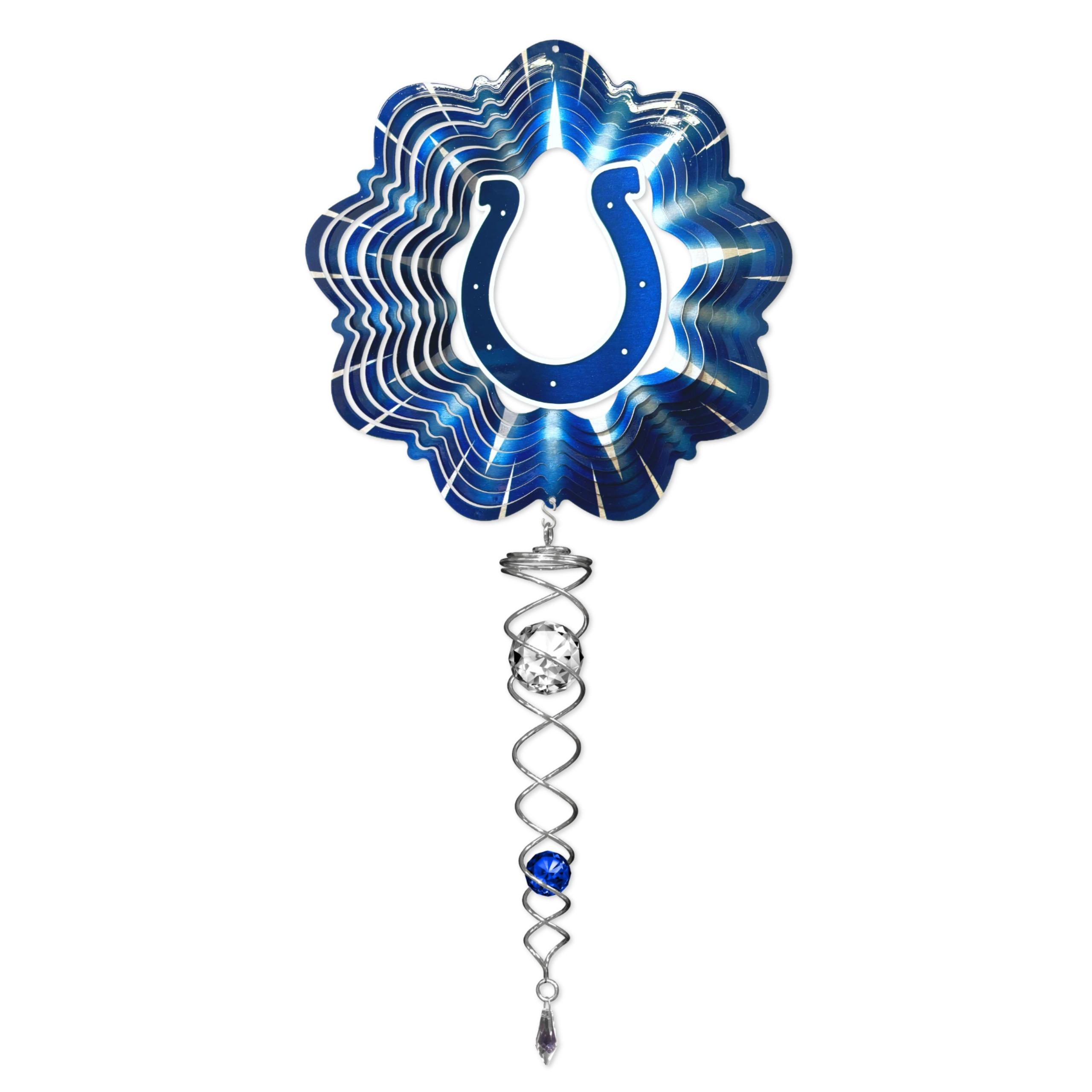 Indianapolis Colts wind spinner mini set featuring 6.5-inch spinner and 7.5-inch crystal twister in a garden setting, catching light and breeze.