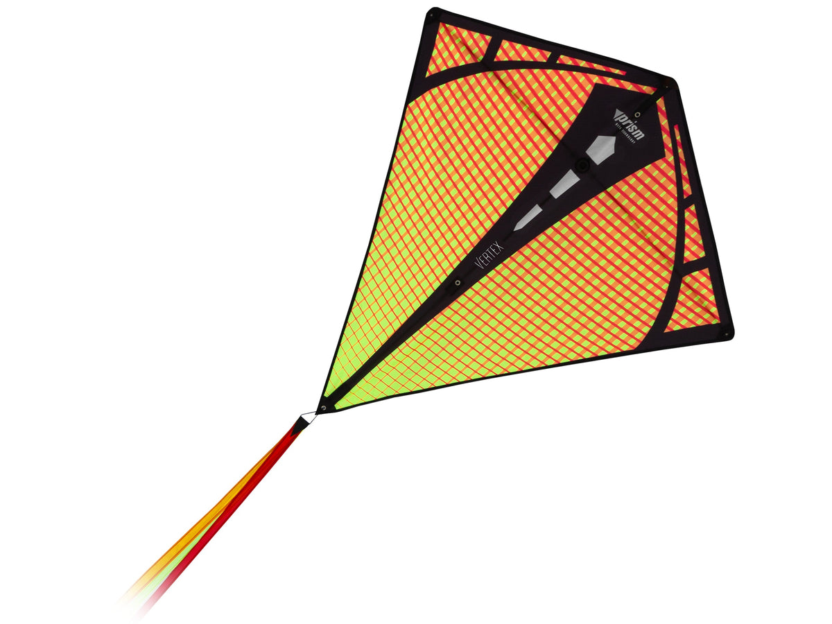 Infrared Prism Vertex diamond kite with orange and yellow gridded sail and removable triple ribbon tail