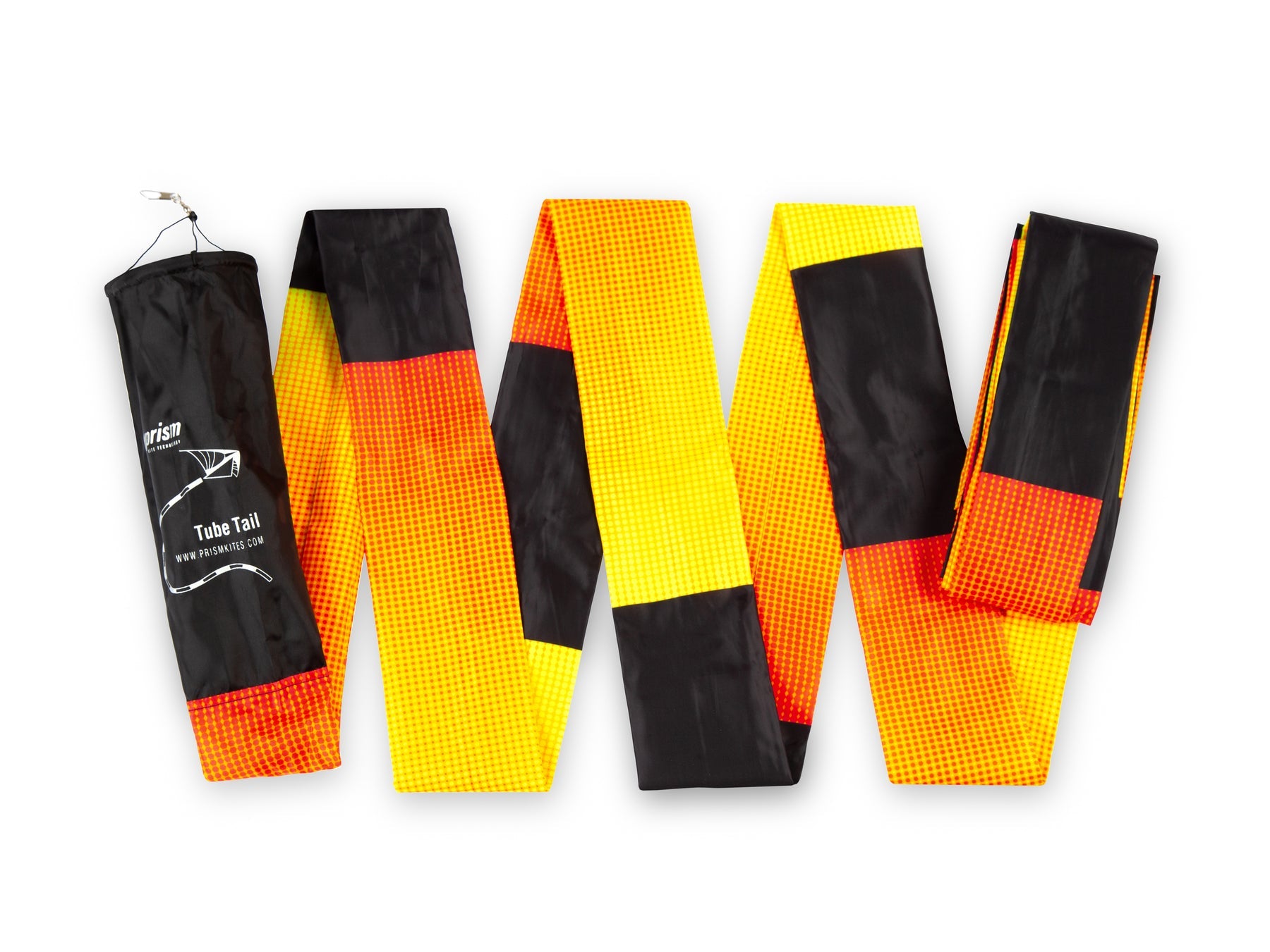 Infrared tube tail with red, orange, and yellow gradient, inflating tubular construction, and swivel clip for dynamic kite motion and visibility.