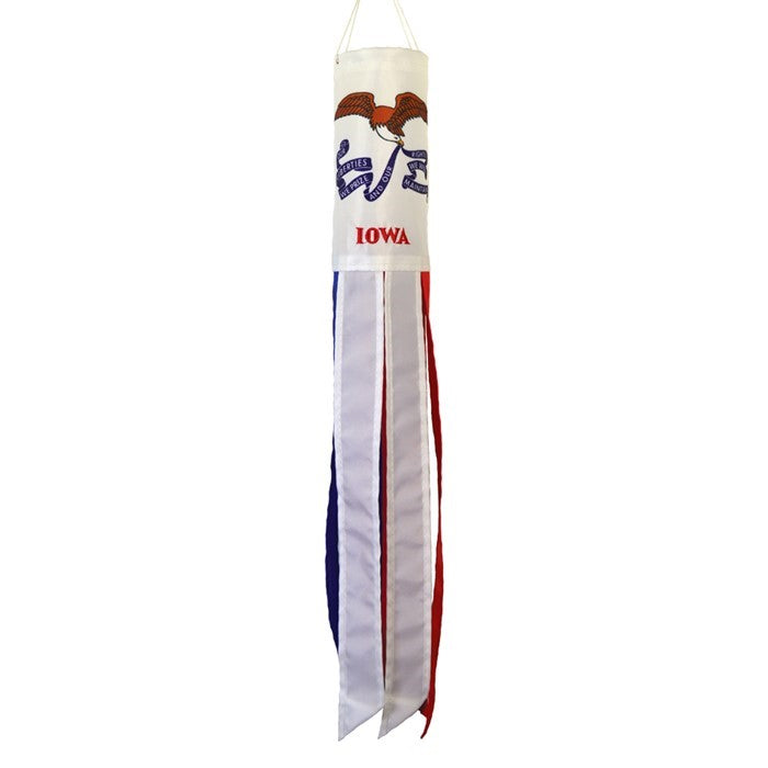 The Iowa 18" Windsock features bright colors in an eye-catching design with colorful tails fluttering in the breeze, perfect for outdoor display and showcasing state pride.