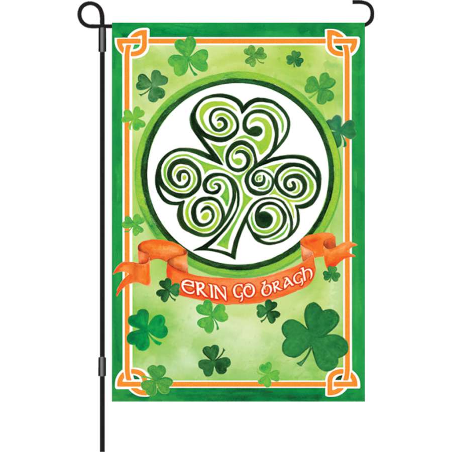 12 in. Flag - Ireland Forever garden flag displaying 'Erin Go Bragh' in bold colors on both sides, fluttering gently in an outdoor garden.