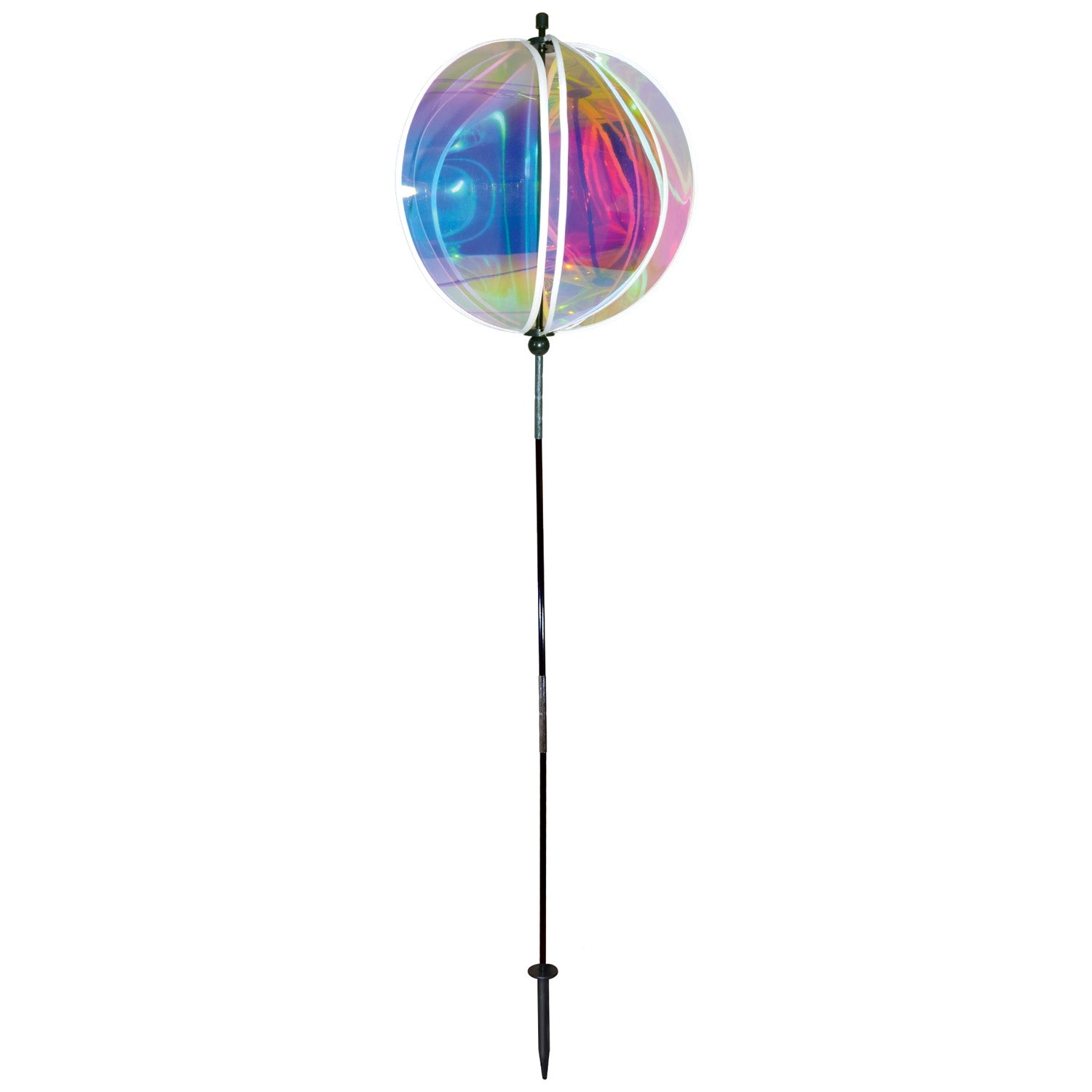 Iridescent 16-inch gazing ball spinner with six shimmering panels reflecting sunlight displayed in a vibrant garden setting.