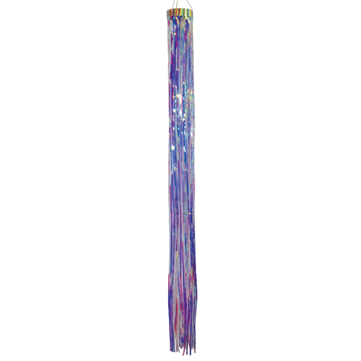 Iridescent 51-inch Mylar windsock with holographic design fluttering in a gentle breeze, creating a colorful display in a garden setting.