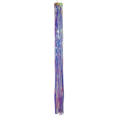 Iridescent 51-inch Mylar windsock with holographic design fluttering in a gentle breeze, creating a colorful display in a garden setting.