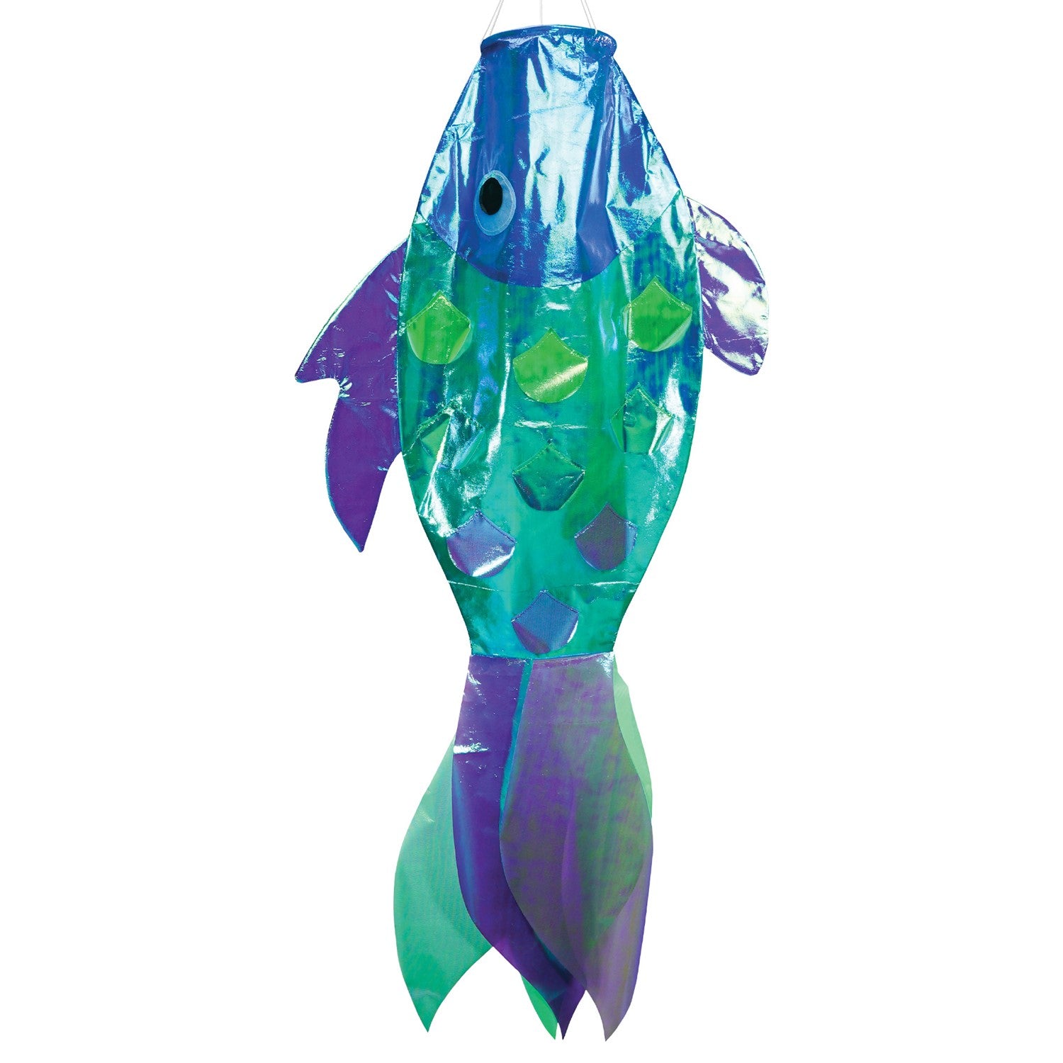 48-inch Iridescent Cool Damsel Fish Windsock displaying shimmering scales in a garden setting, showcasing its unique colors under sunlight.