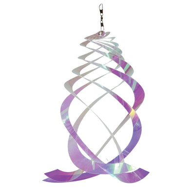 Iridescent Crystal Spinner made of Mylar, featuring five blades that spin smoothly in the breeze, creating a colorful display in a garden setting.