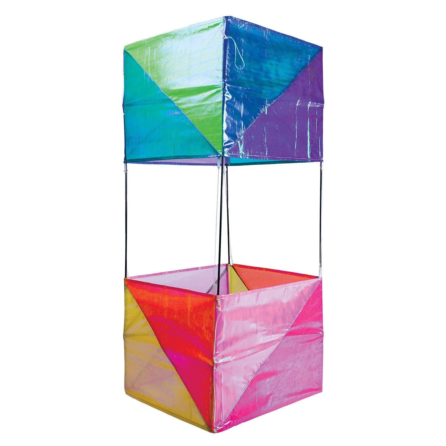 Iridescent Double Box Kite soaring in the sky, showcasing multiple sparkling sail surfaces and vibrant colors against a sunny backdrop.