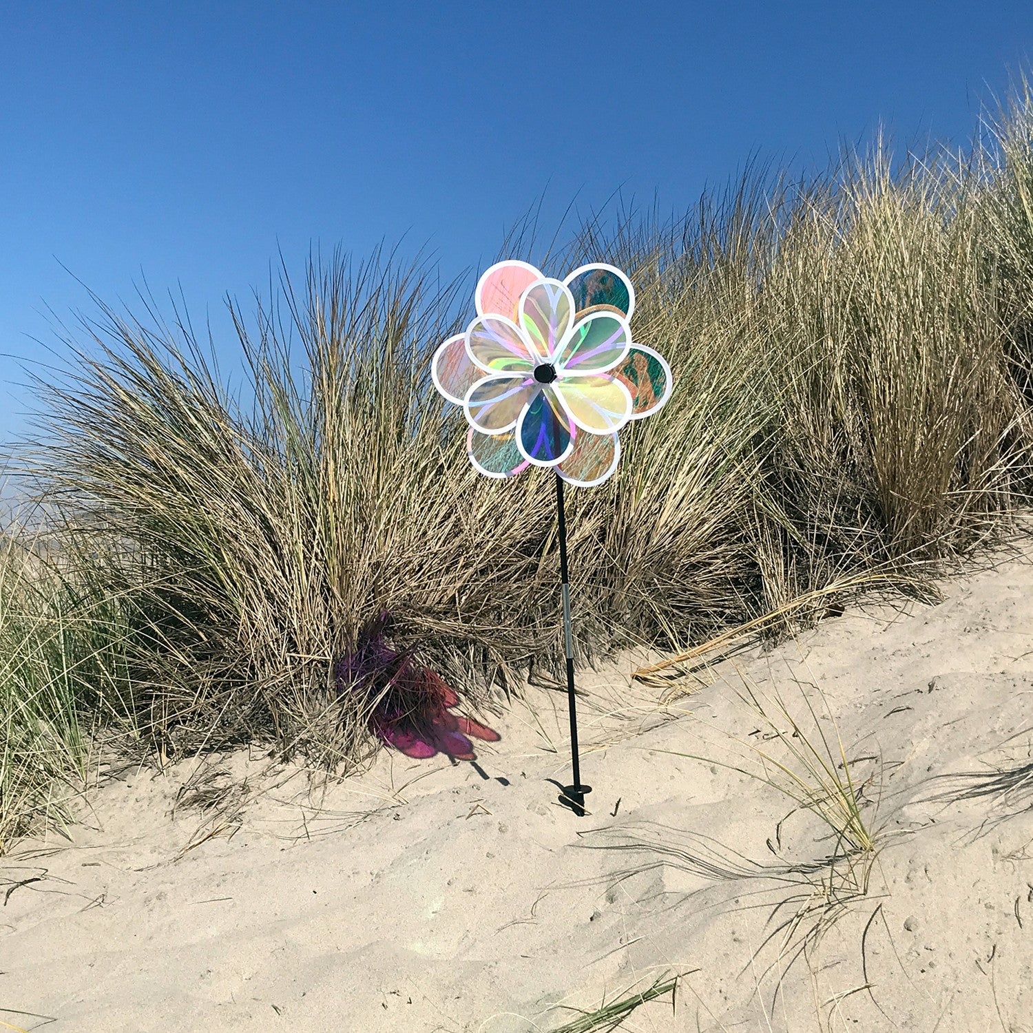 13.5-inch iridescent double flower spinner featuring two colorful flowers on a fiberglass pole, gracefully spinning in a garden setting.