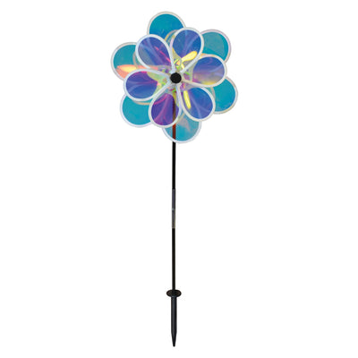 13.5-inch iridescent double flower spinner featuring two colorful flowers on a fiberglass pole, gracefully spinning in a garden setting.