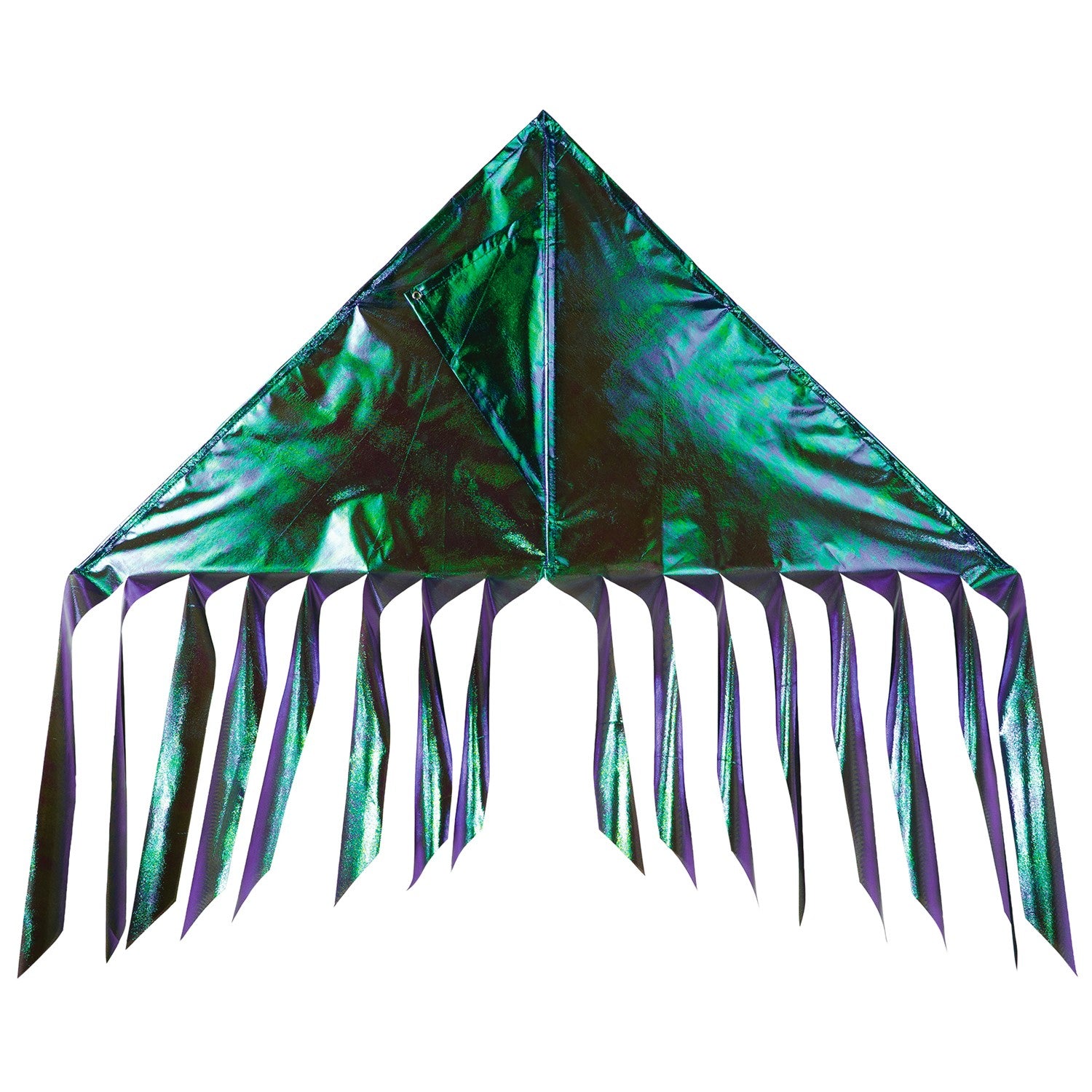 Iridescent Emerald Flutterfly Delta Kite with green and purple fabric and fluttering tails flying in the sky against a clear blue backdrop.