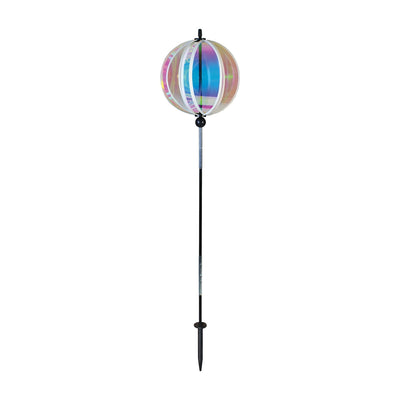 Iridescent 8.5-inch Gazing Ball Spinner reflecting sunlight, showcasing its vibrant colors in a beautifully landscaped garden.